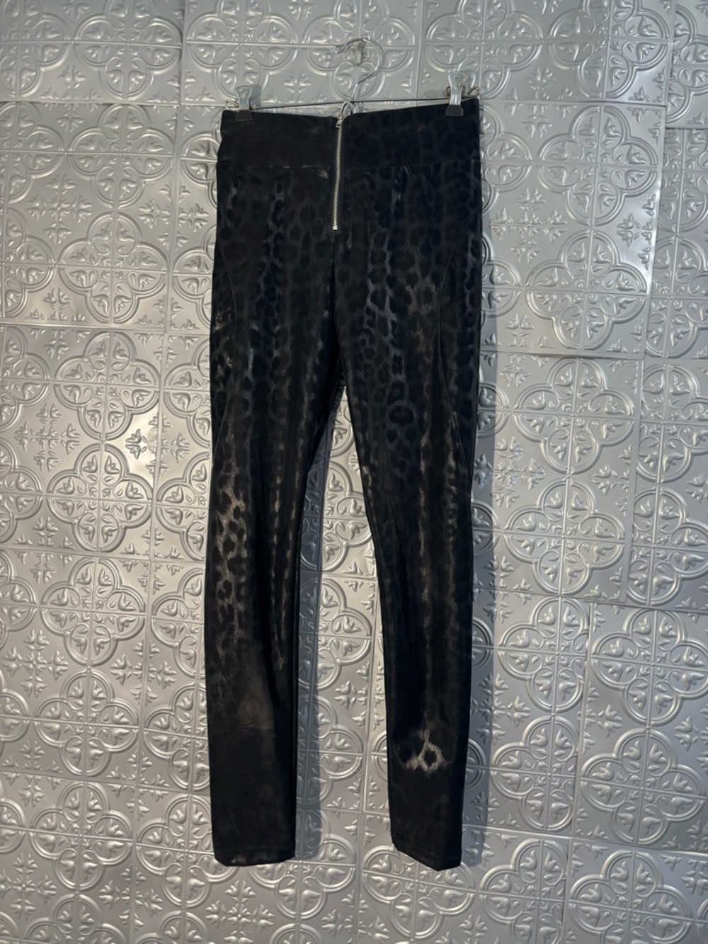 Shimmer Animal Black Leopard Print Leggings Emo Goth Whimsical Biker zip front